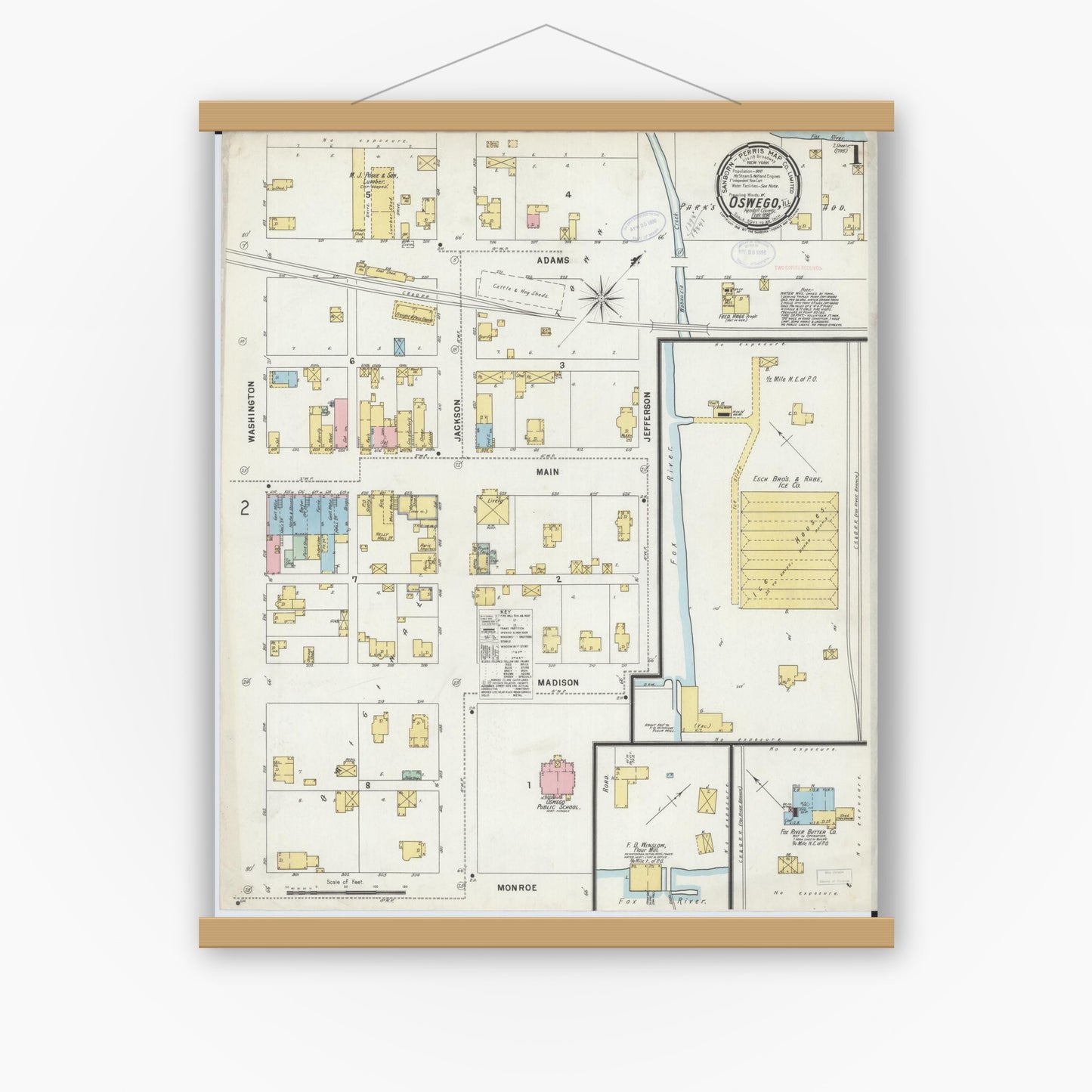 Old map wall art mockup — magnetic wood frame on white wall — Sanborn Fire Insurance Map from Oswego, Kendall County, Illinois (1898) - Complete Map Set