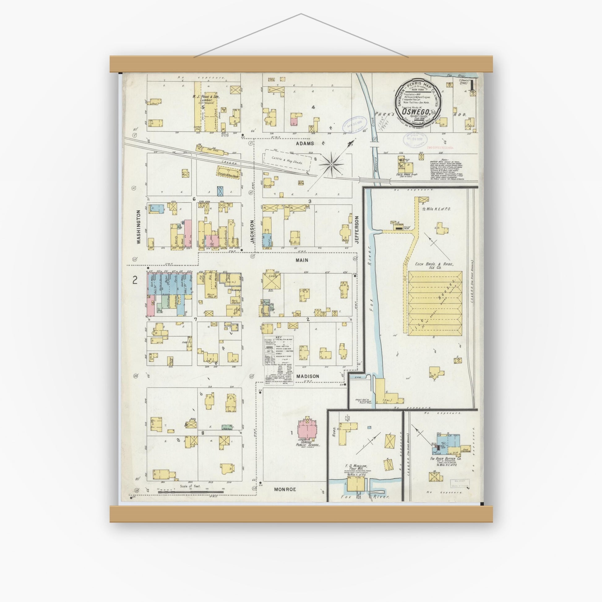 Old map wall art mockup — magnetic wood frame on white wall — Sanborn Fire Insurance Map from Oswego, Kendall County, Illinois (1898) - Complete Map Set