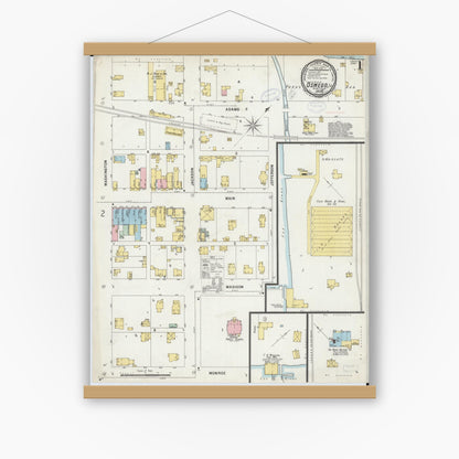 Old map wall art mockup — magnetic wood frame on white wall — Sanborn Fire Insurance Map from Oswego, Kendall County, Illinois (1898) - Complete Map Set
