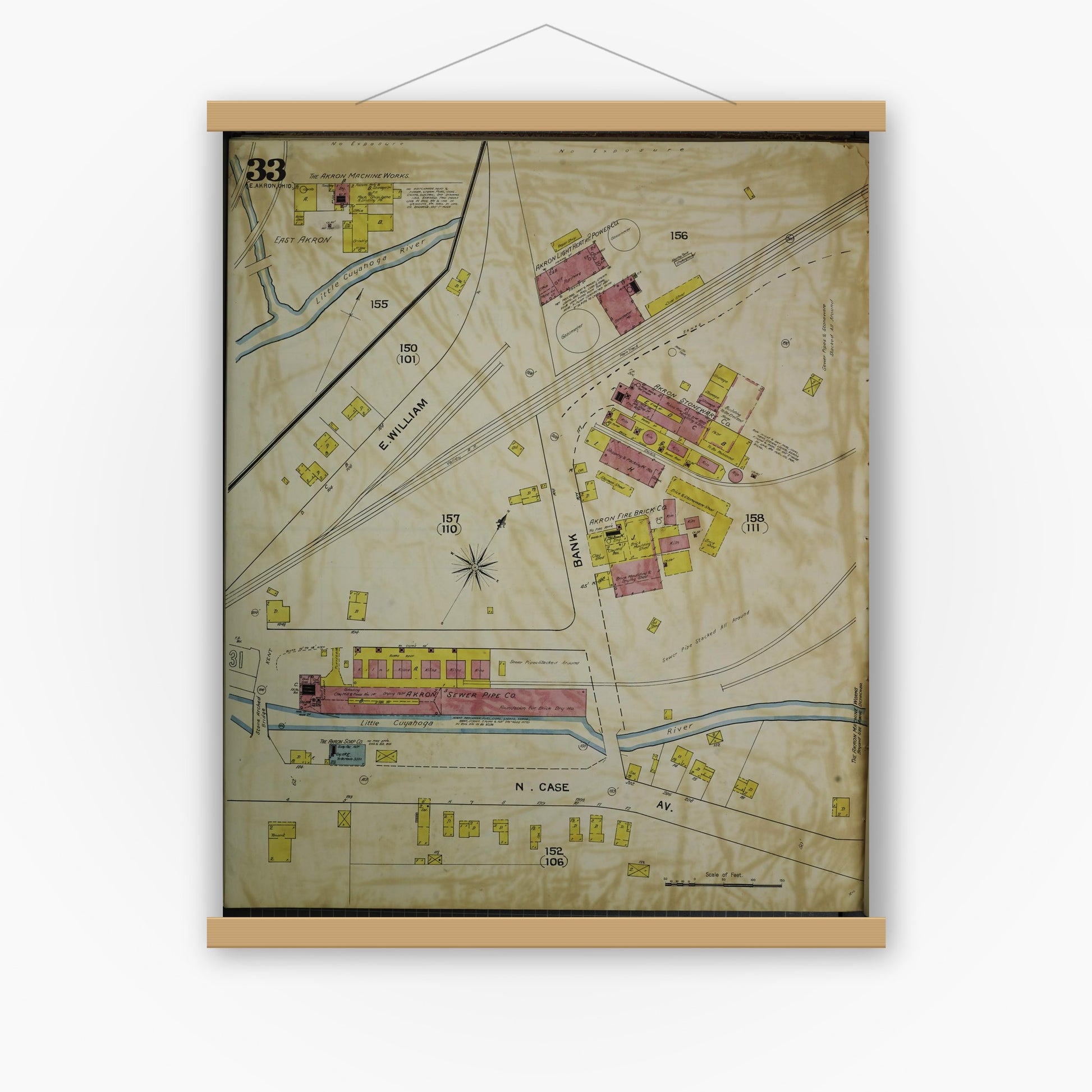 Old map wall art mockup — magnetic wood frame on white wall — Sanborn Fire Insurance Map from Akron, Summit County, Ohio (1892), Sheet #0033