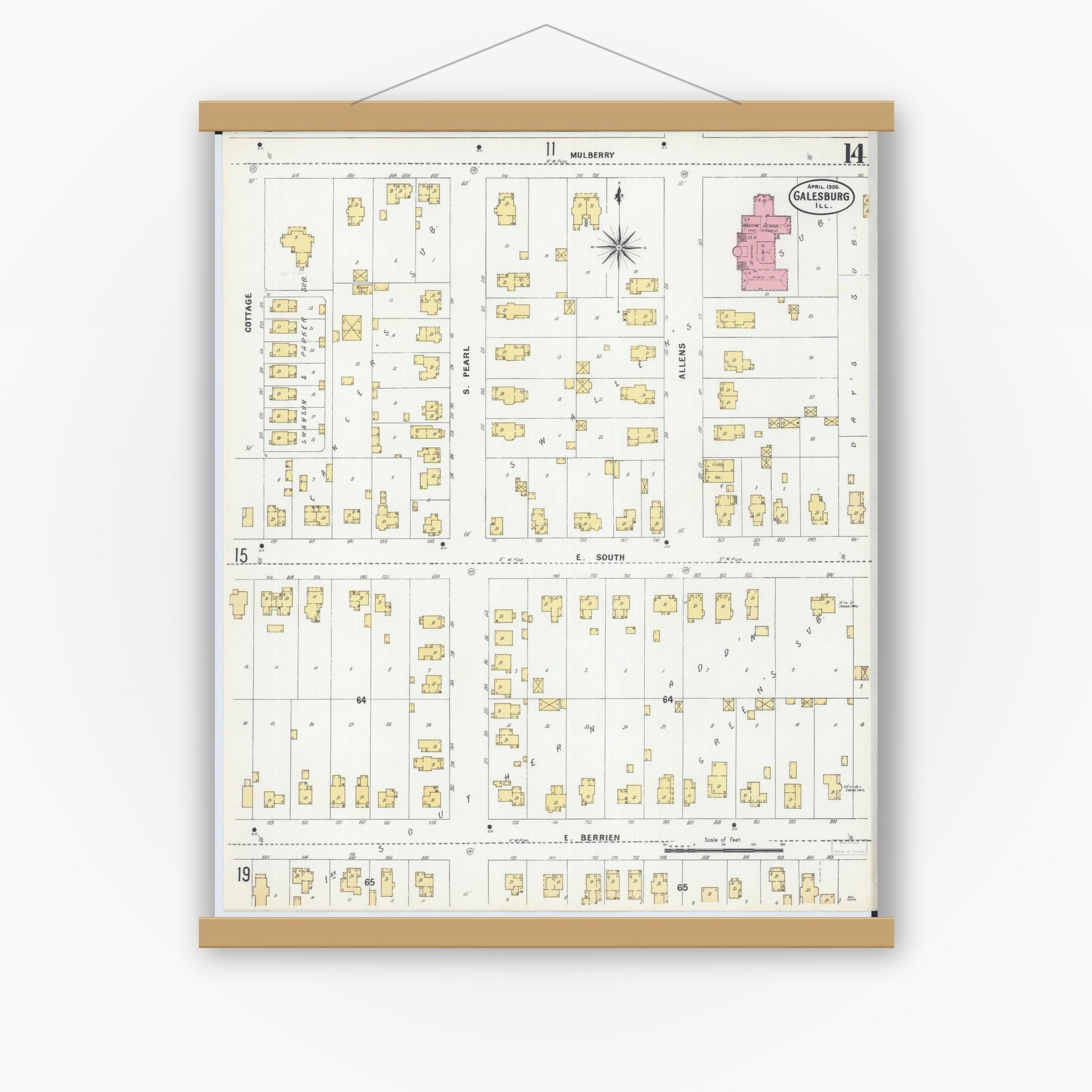 Old map wall art mockup — magnetic wood frame on white wall — Sanborn Fire Insurance Map from Galesburg, Knox County, Illinois (1906), Sheet #0014