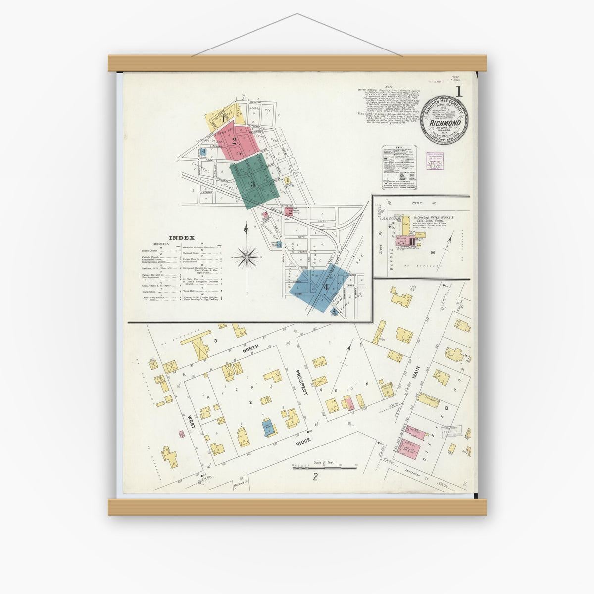 Old map wall art mockup — magnetic wood frame on white wall — Sanborn Fire Insurance Map from Richmond, Macomb County, Michigan (1907), Sheet #0001