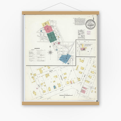 Old map wall art mockup — magnetic wood frame on white wall — Sanborn Fire Insurance Map from Richmond, Macomb County, Michigan (1907), Sheet #0001