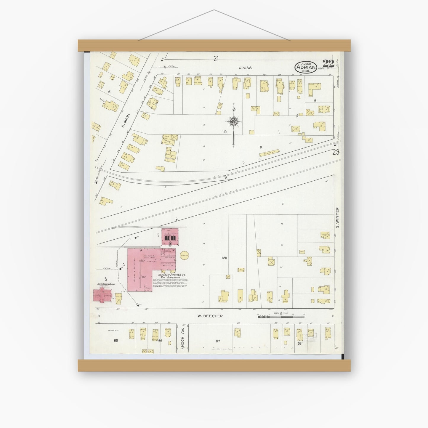 Old map wall art mockup — magnetic wood frame on white wall — Sanborn Fire Insurance Map from Adrian, Lenawee County, Michigan (1916), Sheet #0022