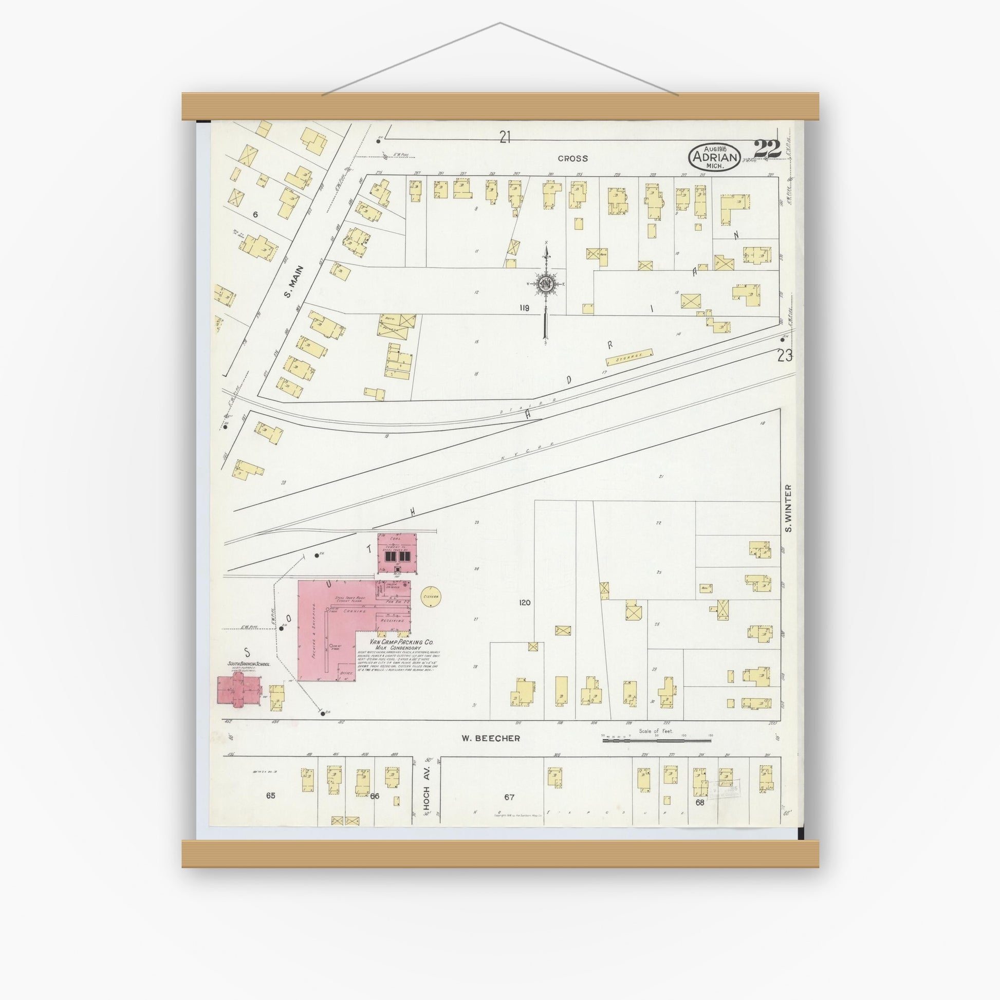 Old map wall art mockup — magnetic wood frame on white wall — Sanborn Fire Insurance Map from Adrian, Lenawee County, Michigan (1916), Sheet #0022