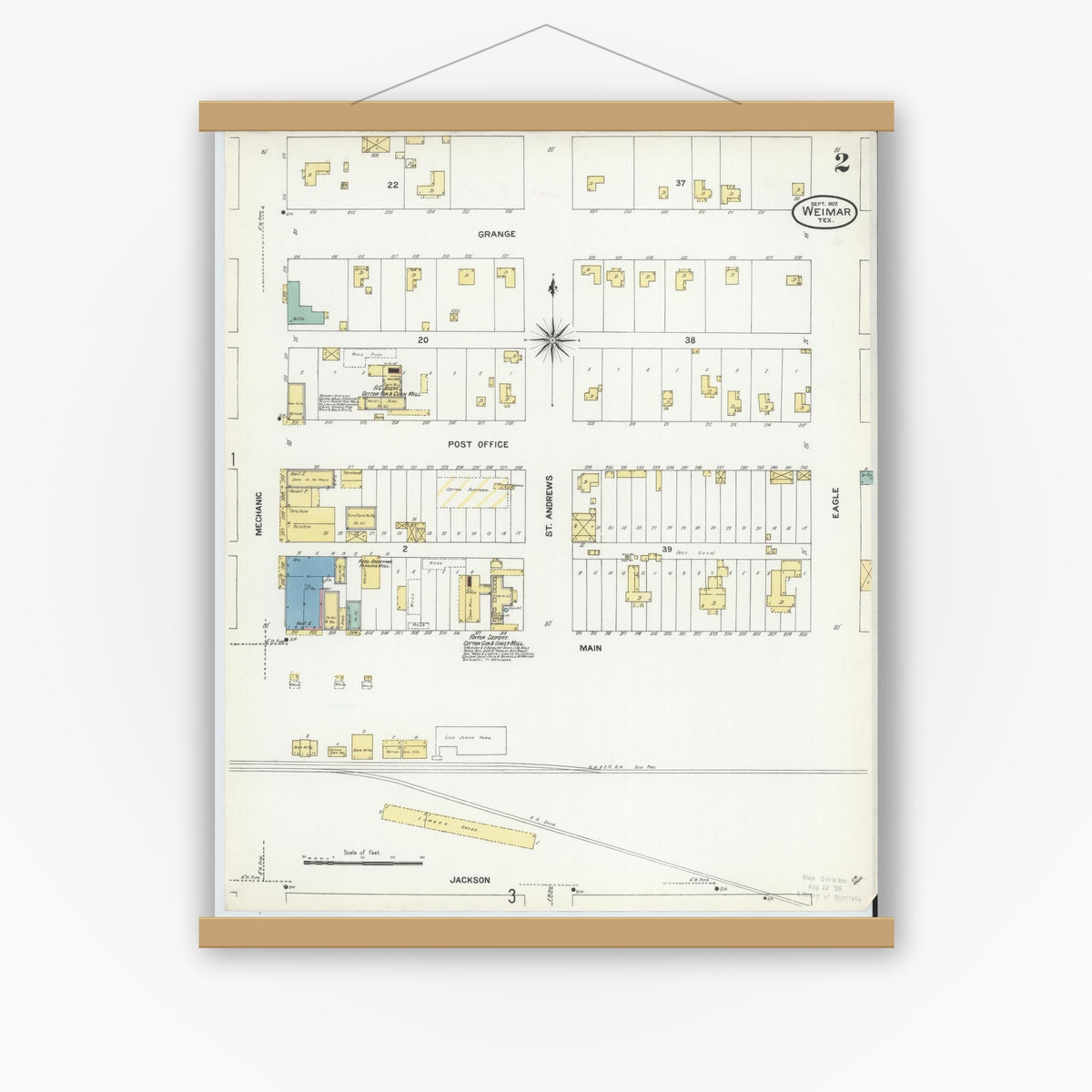 Old map wall art mockup — magnetic wood frame on white wall — Sanborn Fire Insurance Map from Weimar, Colorado County, Texas (1907), Sheet #0002