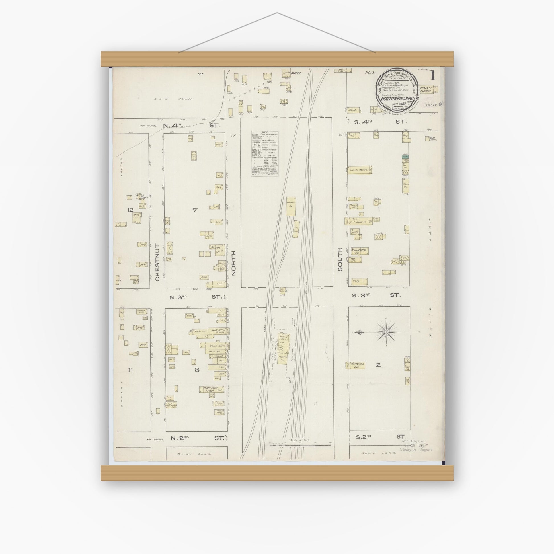Old map wall art mockup — magnetic wood frame on white wall — Sanborn Fire Insurance Map from Northern Pacific Junction, Carlton County, Minnesota (1885) - Complete Map Set