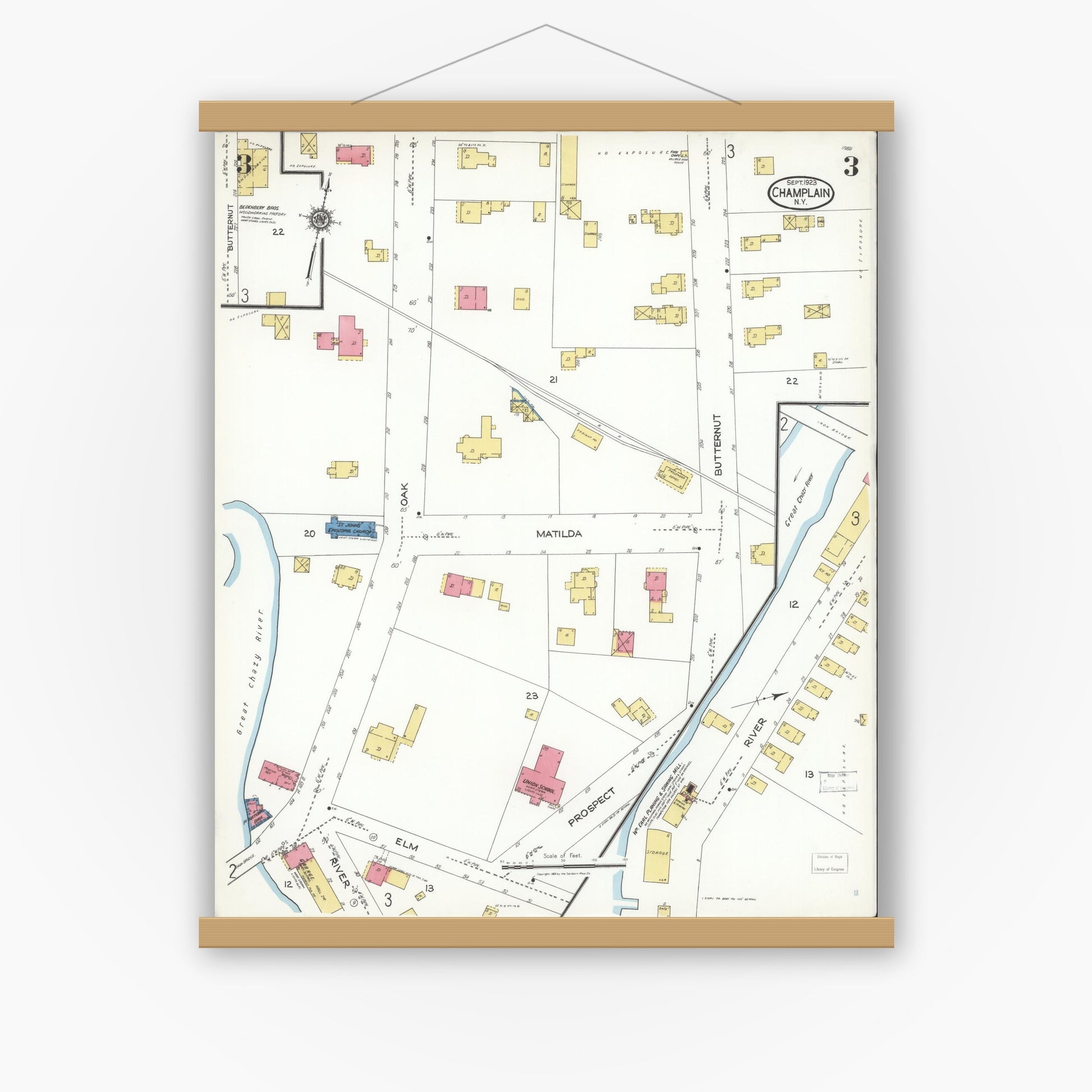 Old map wall art mockup — magnetic wood frame on white wall — Sanborn Fire Insurance Map from Champlain, Clinton County, New York (1923), Sheet #0003