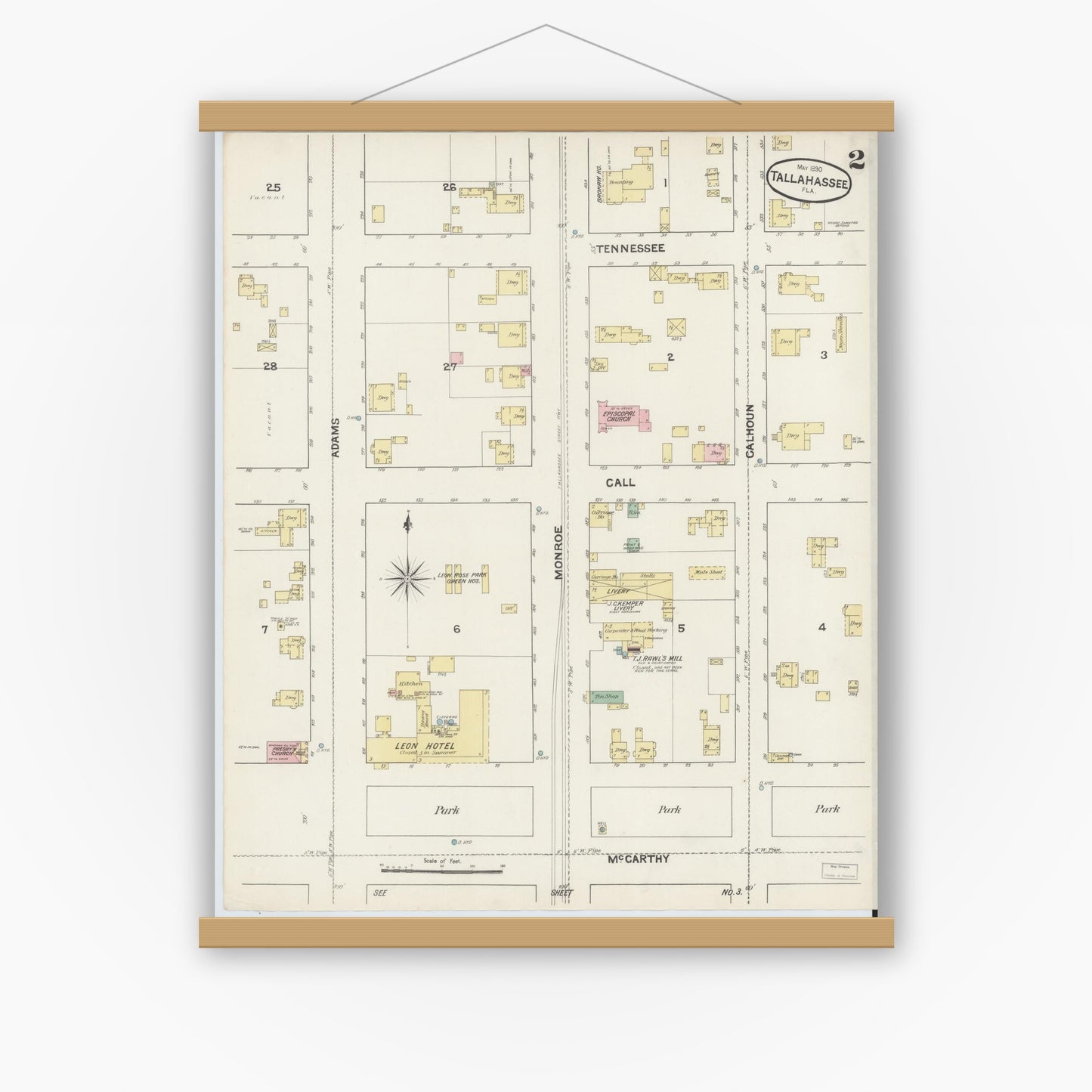 Old map wall art mockup — magnetic wood frame on white wall — Sanborn Fire Insurance Map from Tallahassee, Leon County, Florida (1890), Sheet #0002