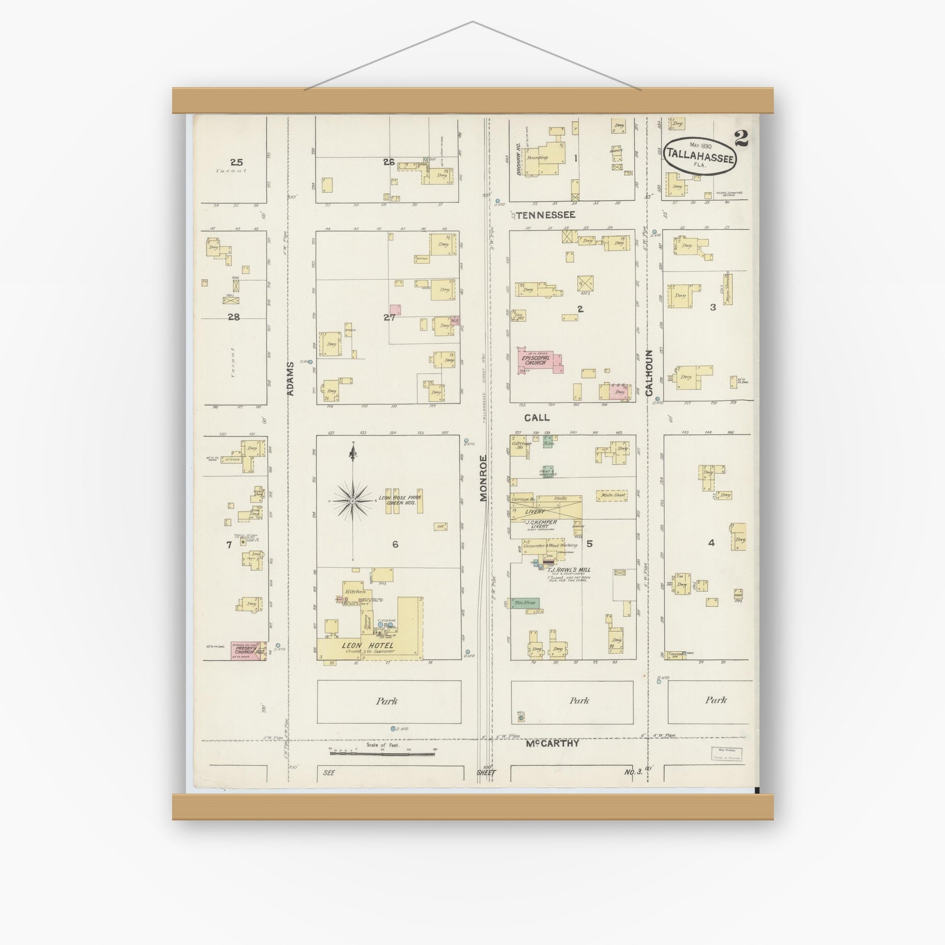 Old map wall art mockup — magnetic wood frame on white wall — Sanborn Fire Insurance Map from Tallahassee, Leon County, Florida (1890), Sheet #0002