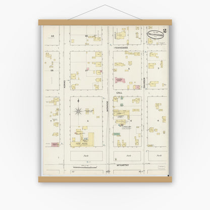 Old map wall art mockup — magnetic wood frame on white wall — Sanborn Fire Insurance Map from Tallahassee, Leon County, Florida (1890), Sheet #0002
