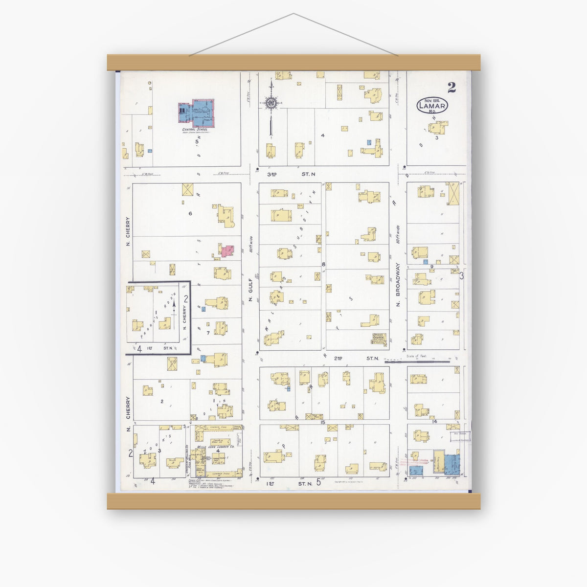 Old map wall art mockup — magnetic wood frame on white wall — Sanborn Fire Insurance Map from Lamar, Barton County, Missouri (1916), Sheet #0002