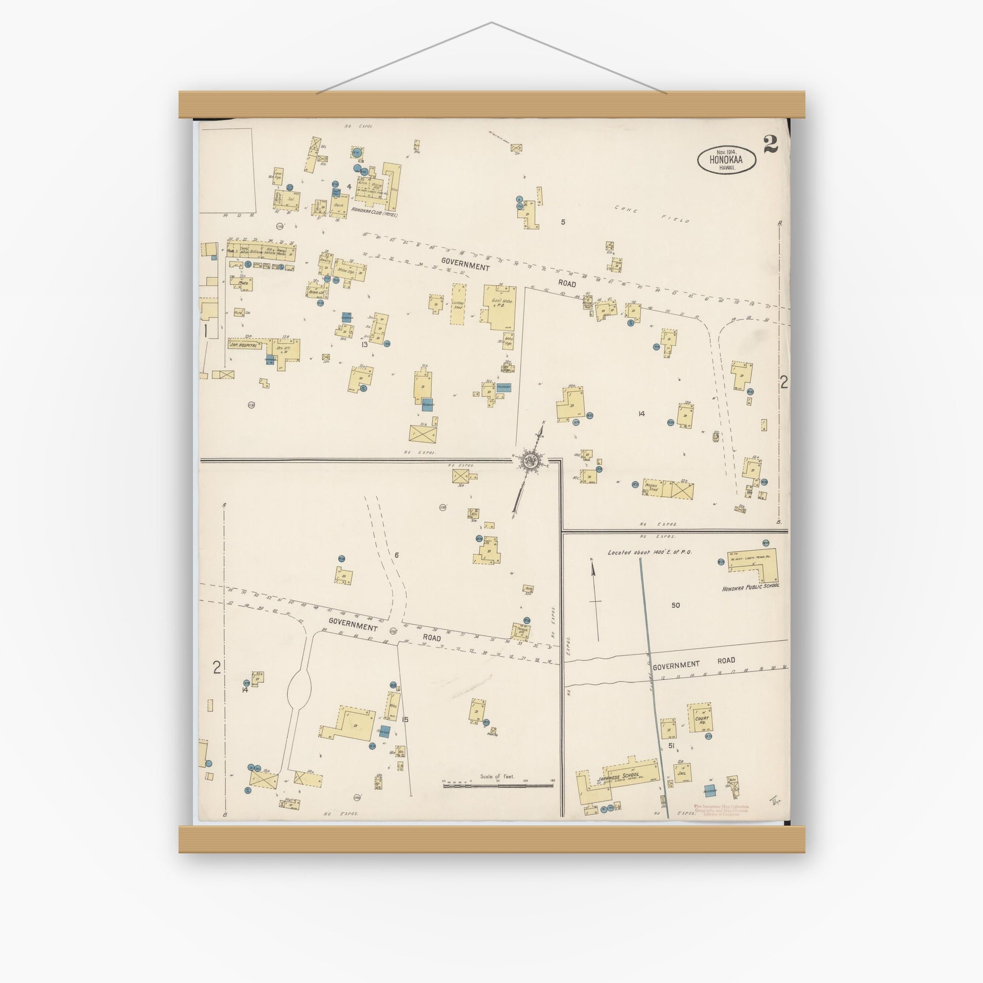 Old map wall art mockup — magnetic wood frame on white wall — Sanborn Fire Insurance Map from Honokaa, Hawaii County, Hawaii (1914), Sheet #0002