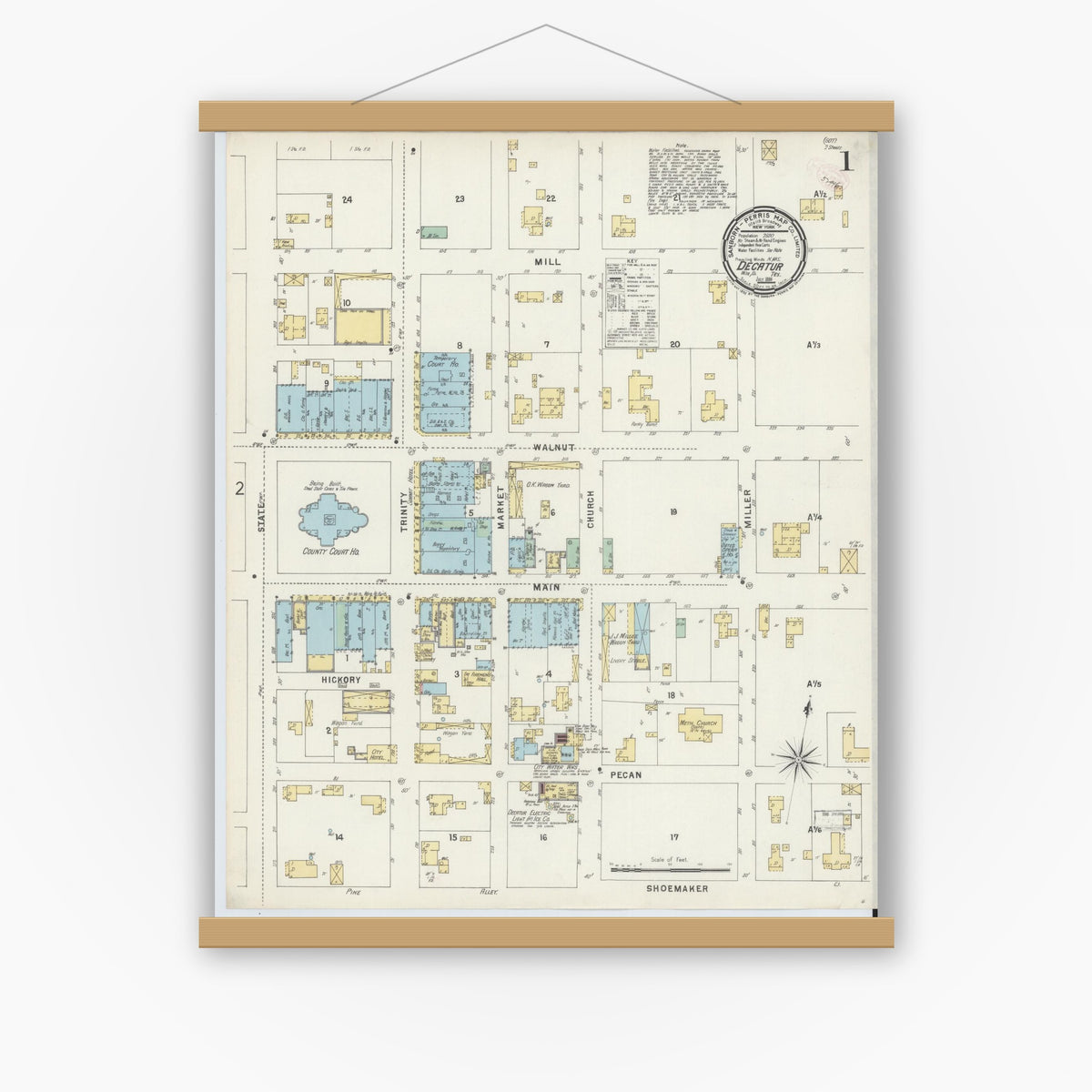 Old map wall art mockup — magnetic wood frame on white wall — Sanborn Fire Insurance Map from Decatur, Wise County, Texas (1896) - Complete Map Set
