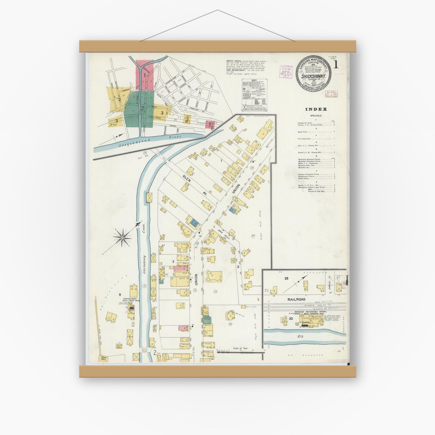 Old map wall art mockup — magnetic wood frame on white wall — Sanborn Fire Insurance Map from Shickshinny, Luzerne County, Pennsylvania (1907) - Complete Map Set