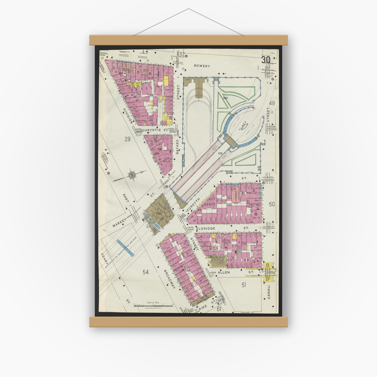 Old map wall art mockup — magnetic wood frame on white wall — Sanborn Fire Insurance Map from New York, Bronx, Manhattan, New York (1923), Sheet #0030