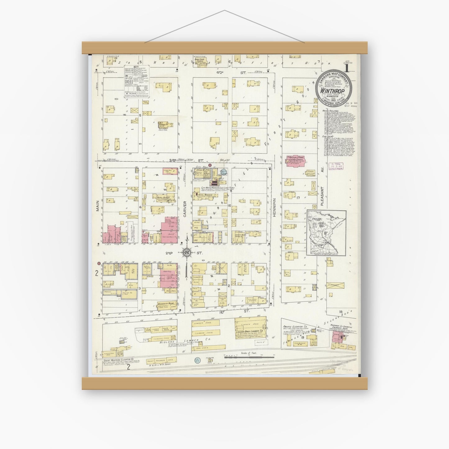 Old map wall art mockup — magnetic wood frame on white wall — Sanborn Fire Insurance Map from Winthrop, Sibley County, Minnesota (1913) - Complete Map Set
