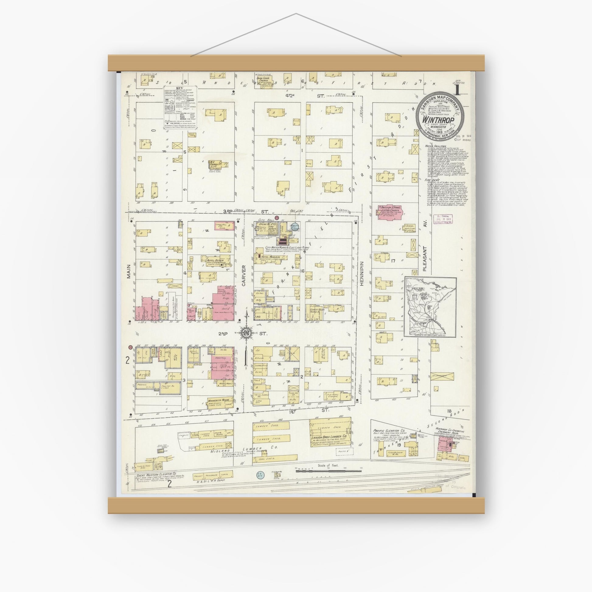 Old map wall art mockup — magnetic wood frame on white wall — Sanborn Fire Insurance Map from Winthrop, Sibley County, Minnesota (1913) - Complete Map Set