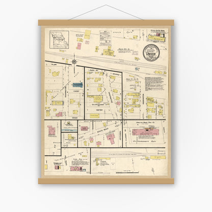 Old map wall art mockup — magnetic wood frame on white wall — Sanborn Fire Insurance Map from Union, Franklin County, Missouri (1913), Sheet #0001