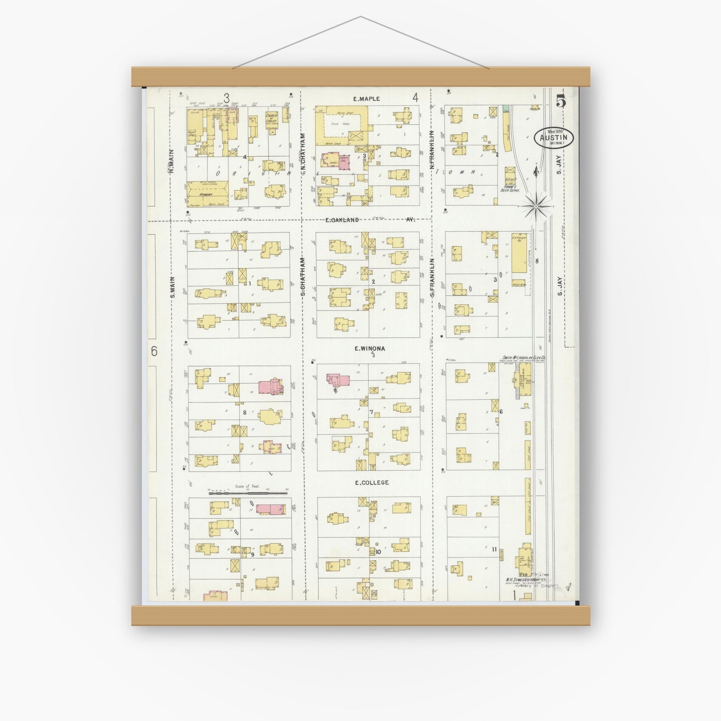 Old map wall art mockup — magnetic wood frame on white wall — Sanborn Fire Insurance Map from Austin, Mower County, Minnesota (1899), Sheet #0005