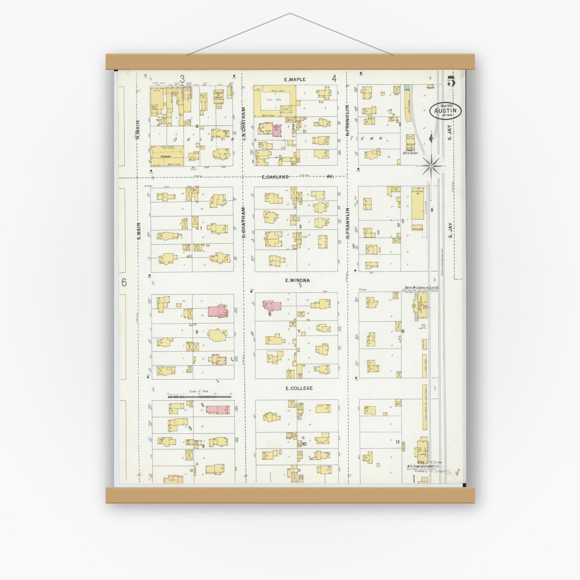 Old map wall art mockup — magnetic wood frame on white wall — Sanborn Fire Insurance Map from Austin, Mower County, Minnesota (1899), Sheet #0005