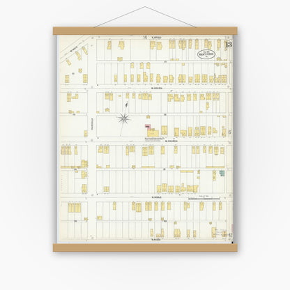 Old map wall art mockup — magnetic wood frame on white wall — Sanborn Fire Insurance Map from Nanticoke, Luzerne County, Pennsylvania (1903), Sheet #0013