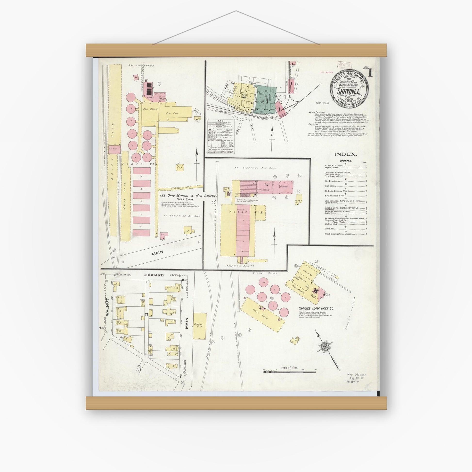 Old map wall art mockup — magnetic wood frame on white wall — Sanborn Fire Insurance Map from Shawnee, Perry County, Ohio (1910), Sheet #0001