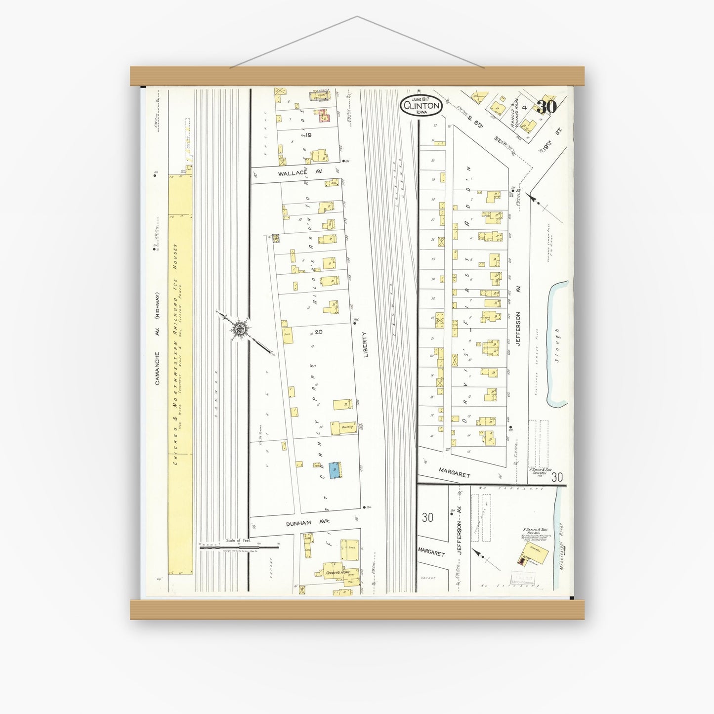 Old map wall art mockup — magnetic wood frame on white wall — Sanborn Fire Insurance Map from Clinton, Clinton County, Iowa (1917), Sheet #0030