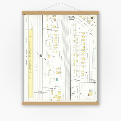 Old map wall art mockup — magnetic wood frame on white wall — Sanborn Fire Insurance Map from Clinton, Clinton County, Iowa (1917), Sheet #0030