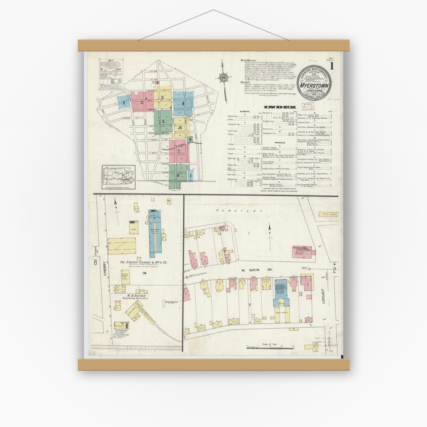Old map wall art mockup — magnetic wood frame on white wall — Sanborn Fire Insurance Map from Myerstown, Lebanon County, Pennsylvania (1913), Sheet #0001