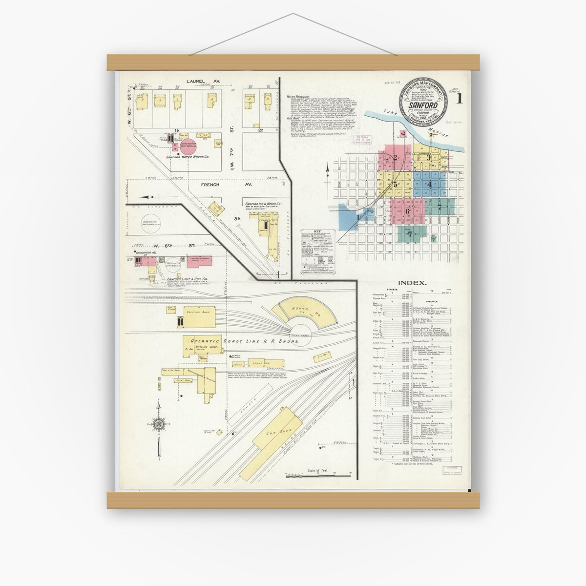 Old map wall art mockup — magnetic wood frame on white wall — Sanborn Fire Insurance Map from Sanford, Seminole County, Florida (1912) - Complete Map Set