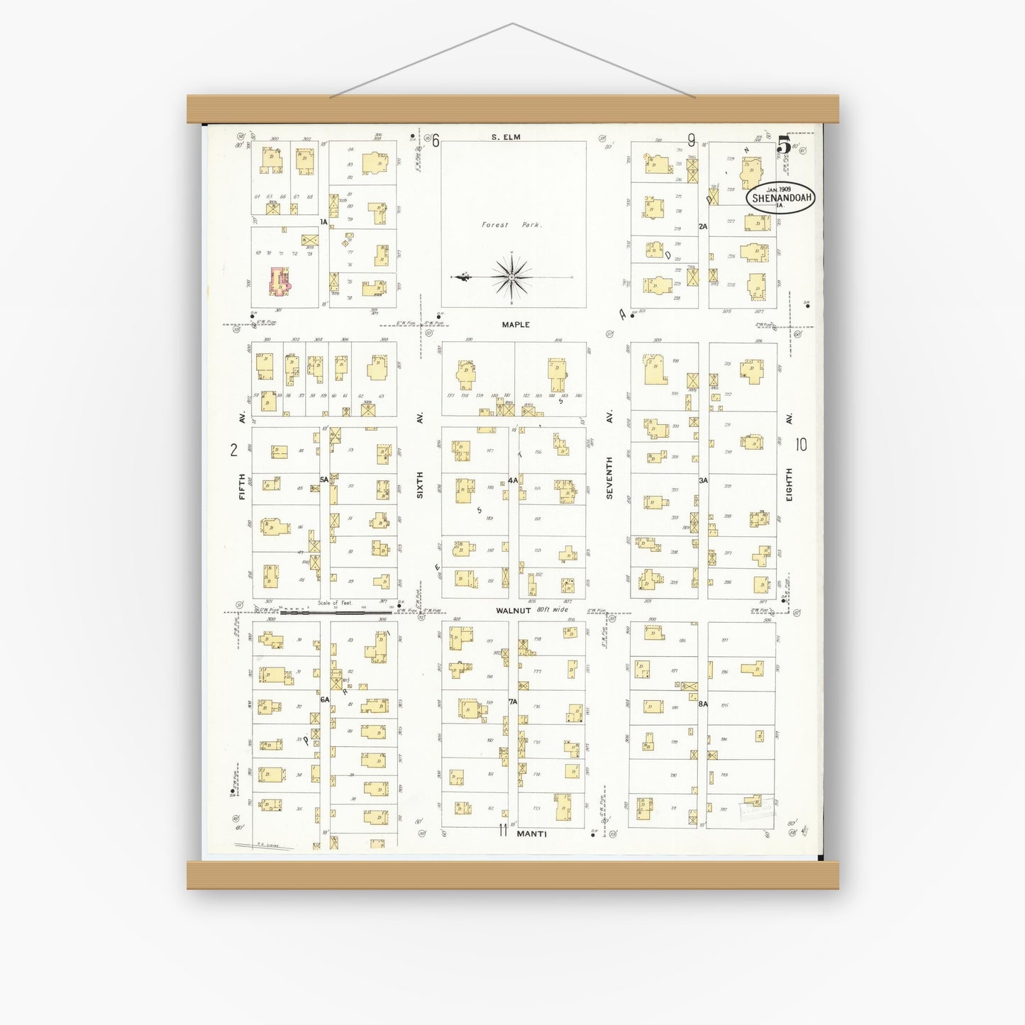 Old map wall art mockup — magnetic wood frame on white wall — Sanborn Fire Insurance Map from Shenandoah, Page County, Iowa (1909), Sheet #0005