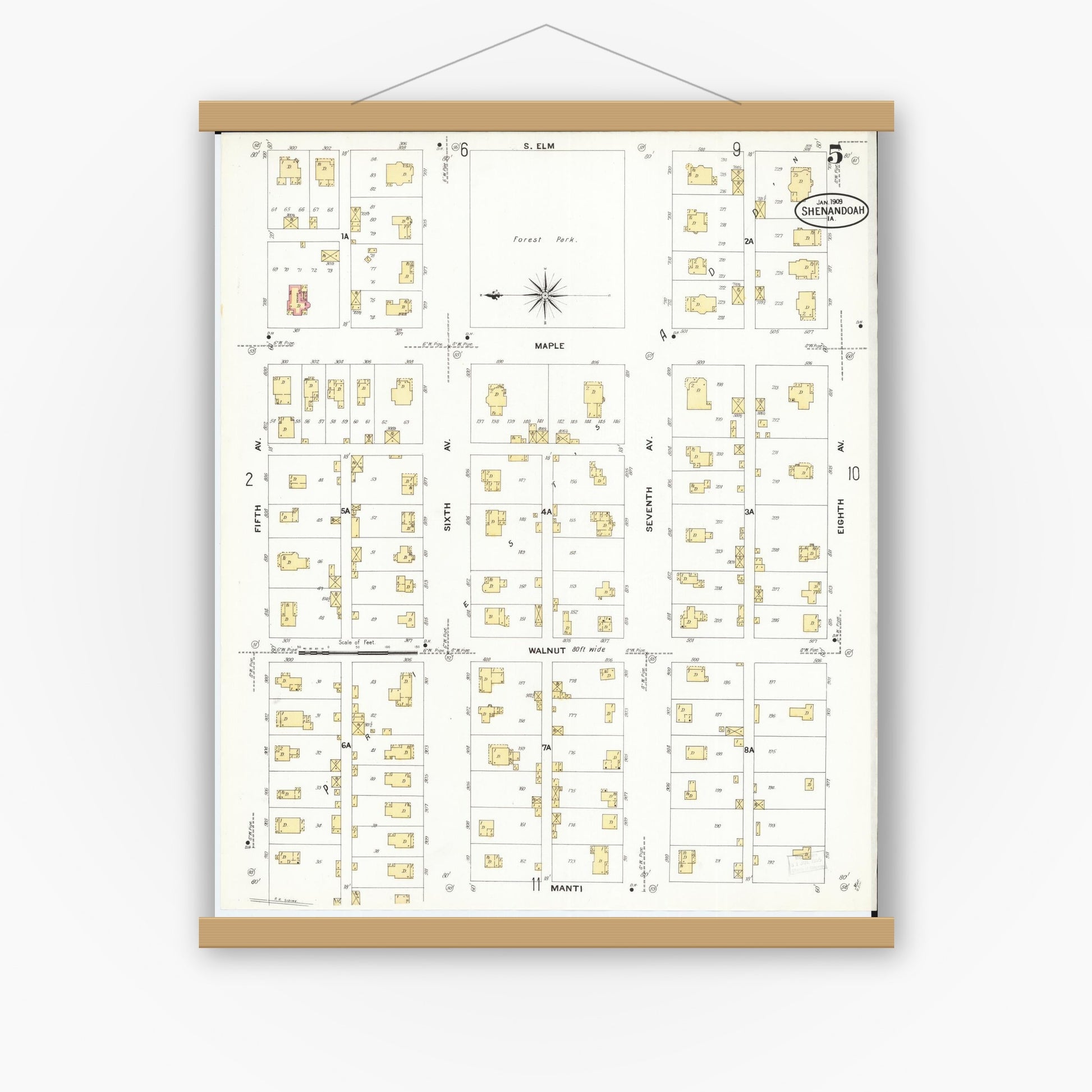 Old map wall art mockup — magnetic wood frame on white wall — Sanborn Fire Insurance Map from Shenandoah, Page County, Iowa (1909), Sheet #0005