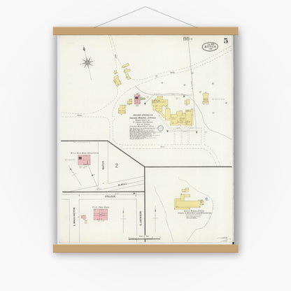 Old map wall art mockup — magnetic wood frame on white wall — Sanborn Fire Insurance Map from Attica, Fountain County, Indiana (1899), Sheet #0005