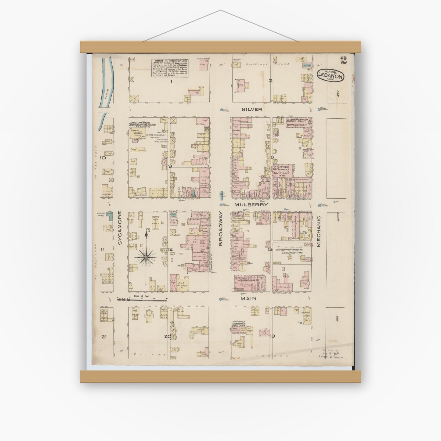 Old map wall art mockup — magnetic wood frame on white wall — Sanborn Fire Insurance Map from Lebanon, Warren County, Ohio (1885), Sheet #0002