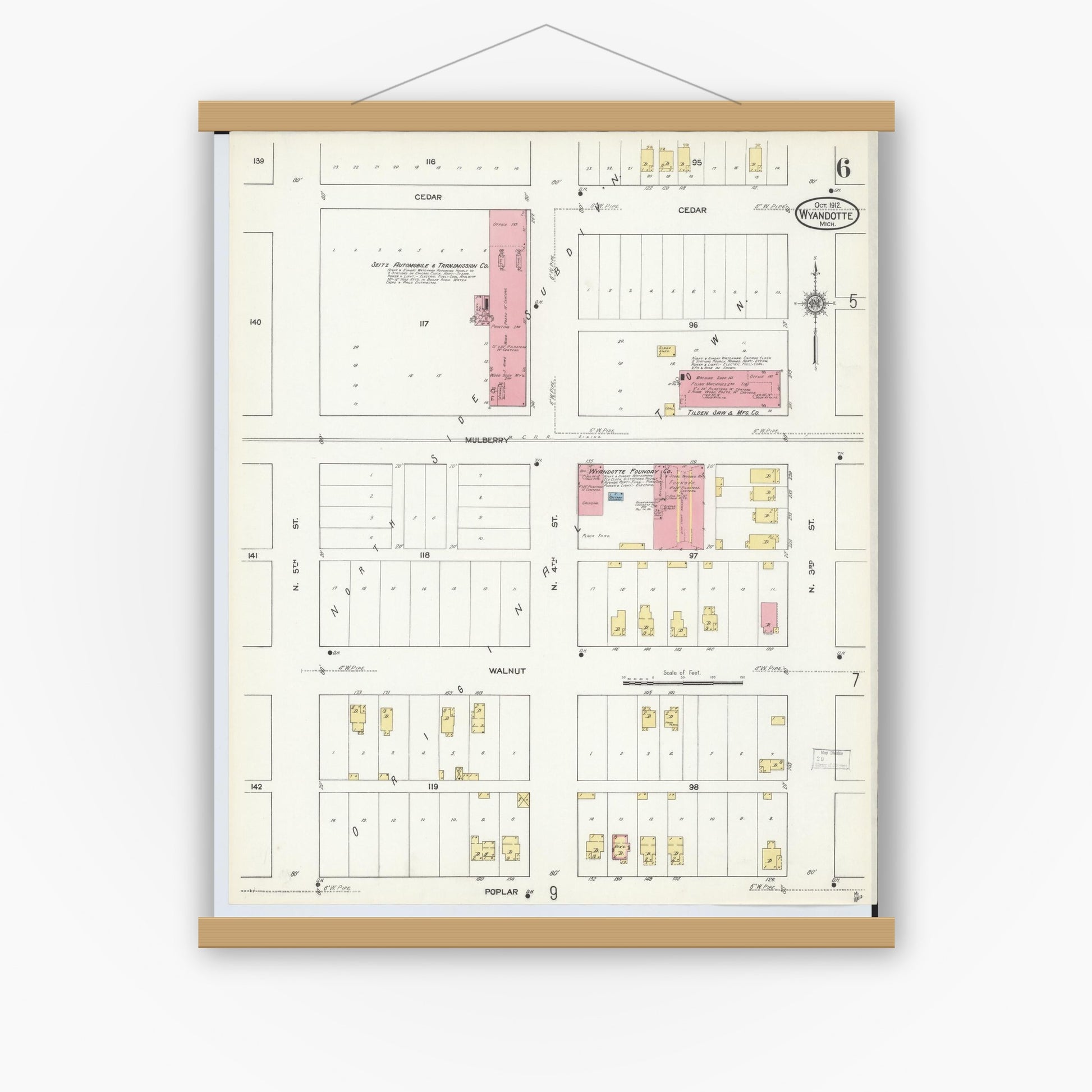 Old map wall art mockup — magnetic wood frame on white wall — Sanborn Fire Insurance Map from Wyandotte, Wayne County, Michigan (1912), Sheet #0006