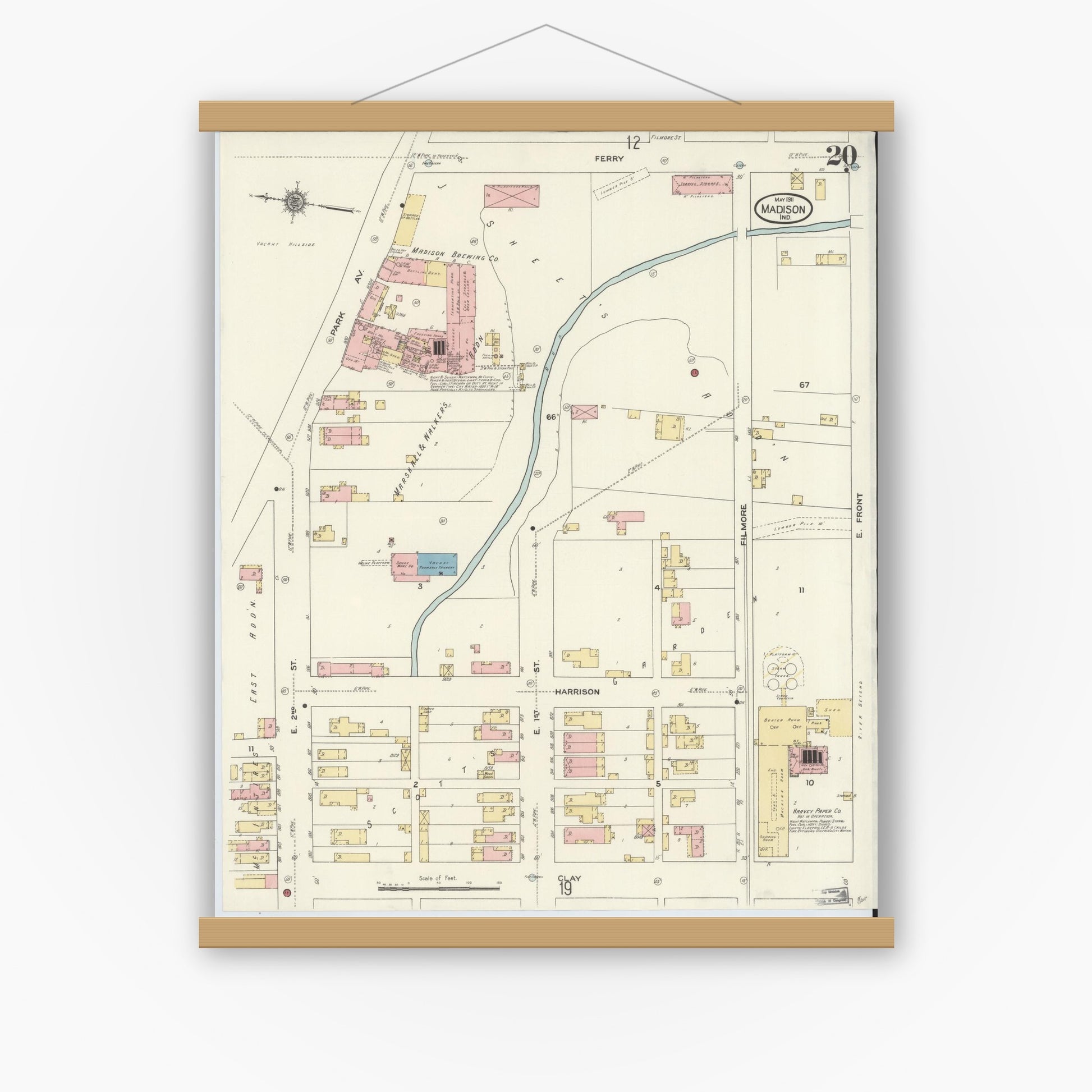 Old map wall art mockup — magnetic wood frame on white wall — Sanborn Fire Insurance Map from Madison, Jefferson County, Indiana (1911), Sheet #0020