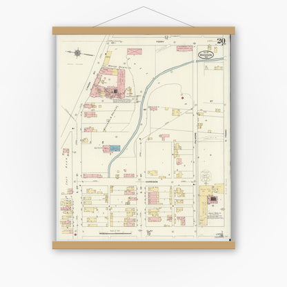 Old map wall art mockup — magnetic wood frame on white wall — Sanborn Fire Insurance Map from Madison, Jefferson County, Indiana (1911), Sheet #0020