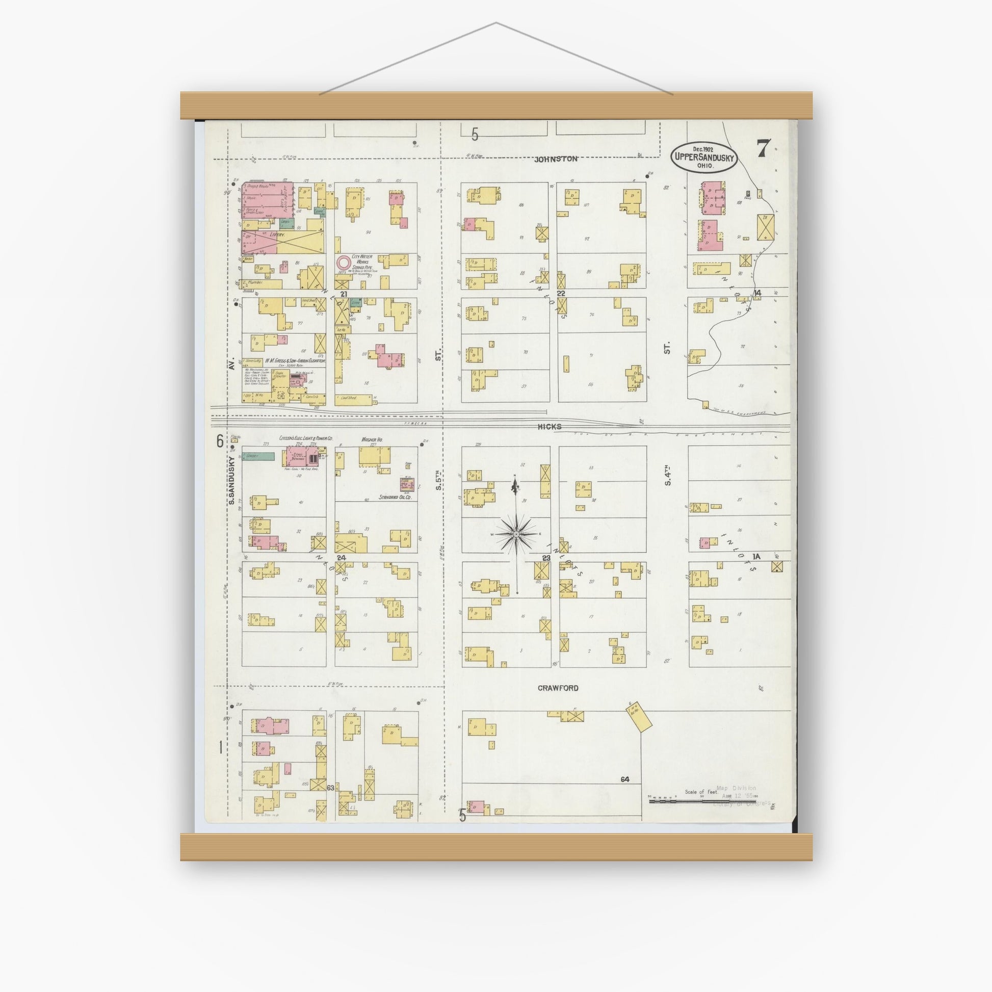 Old map wall art mockup — magnetic wood frame on white wall — Sanborn Fire Insurance Map from Upper Sandusky, Wyandot County, Ohio (1902), Sheet #0007