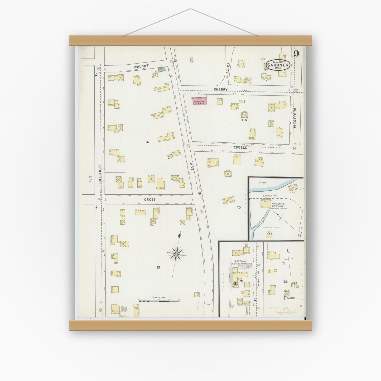 Old map wall art mockup — magnetic wood frame on white wall — Sanborn Fire Insurance Map from Gardner, Worcester County, Massachusetts (1895), Sheet #0009
