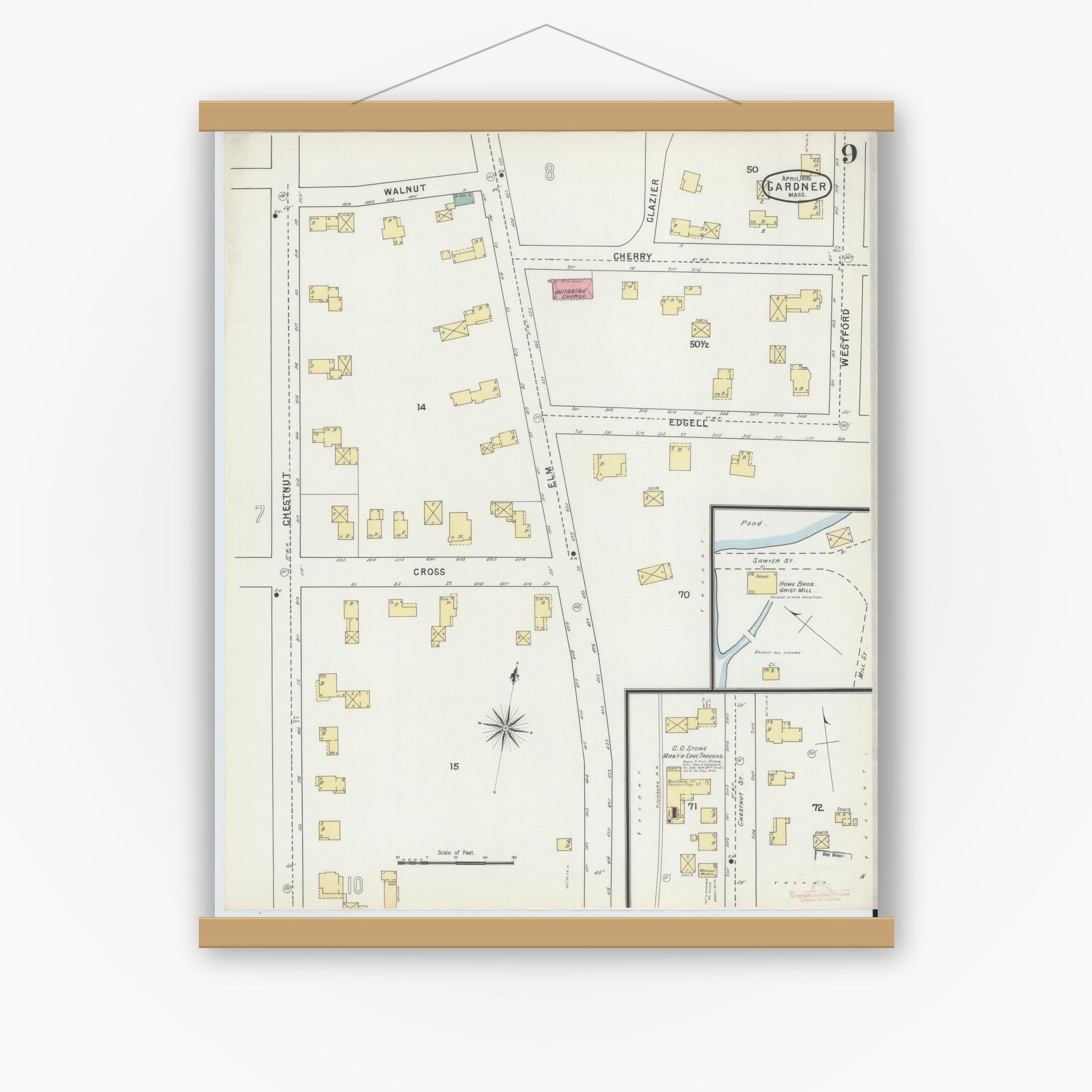 Old map wall art mockup — magnetic wood frame on white wall — Sanborn Fire Insurance Map from Gardner, Worcester County, Massachusetts (1895), Sheet #0009