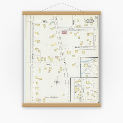Old map wall art mockup — magnetic wood frame on white wall — Sanborn Fire Insurance Map from Gardner, Worcester County, Massachusetts (1895), Sheet #0009