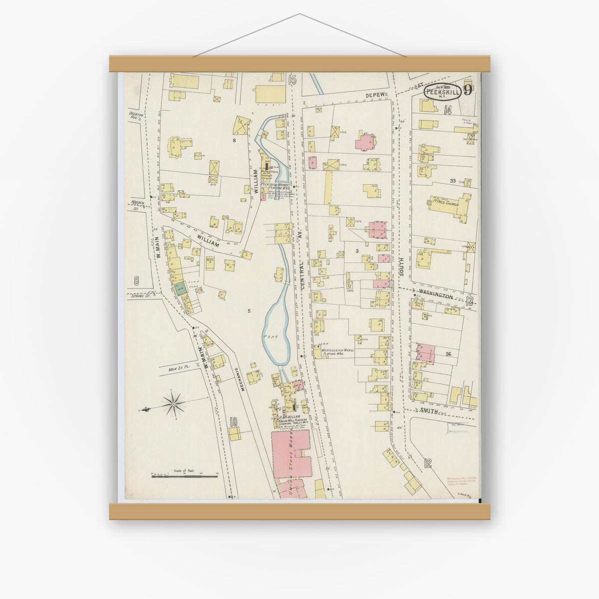 Old map wall art mockup — magnetic wood frame on white wall — Sanborn Fire Insurance Map from Peekskill, Westchester County, New York (1895), Sheet #0009