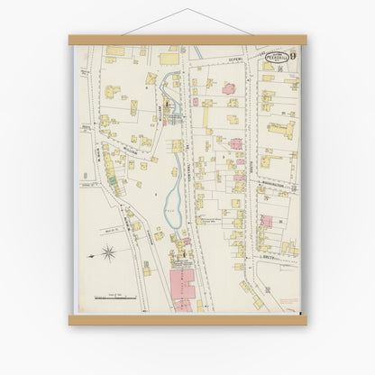 Old map wall art mockup — magnetic wood frame on white wall — Sanborn Fire Insurance Map from Peekskill, Westchester County, New York (1895), Sheet #0009