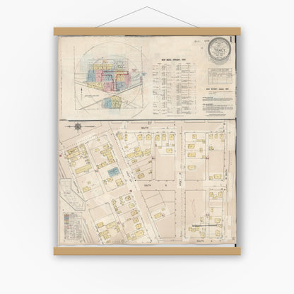 Old map wall art mockup — magnetic wood frame on white wall — Sanborn Fire Insurance Map from Tracy, San Joaquin County, California (1945) - Complete Map Set