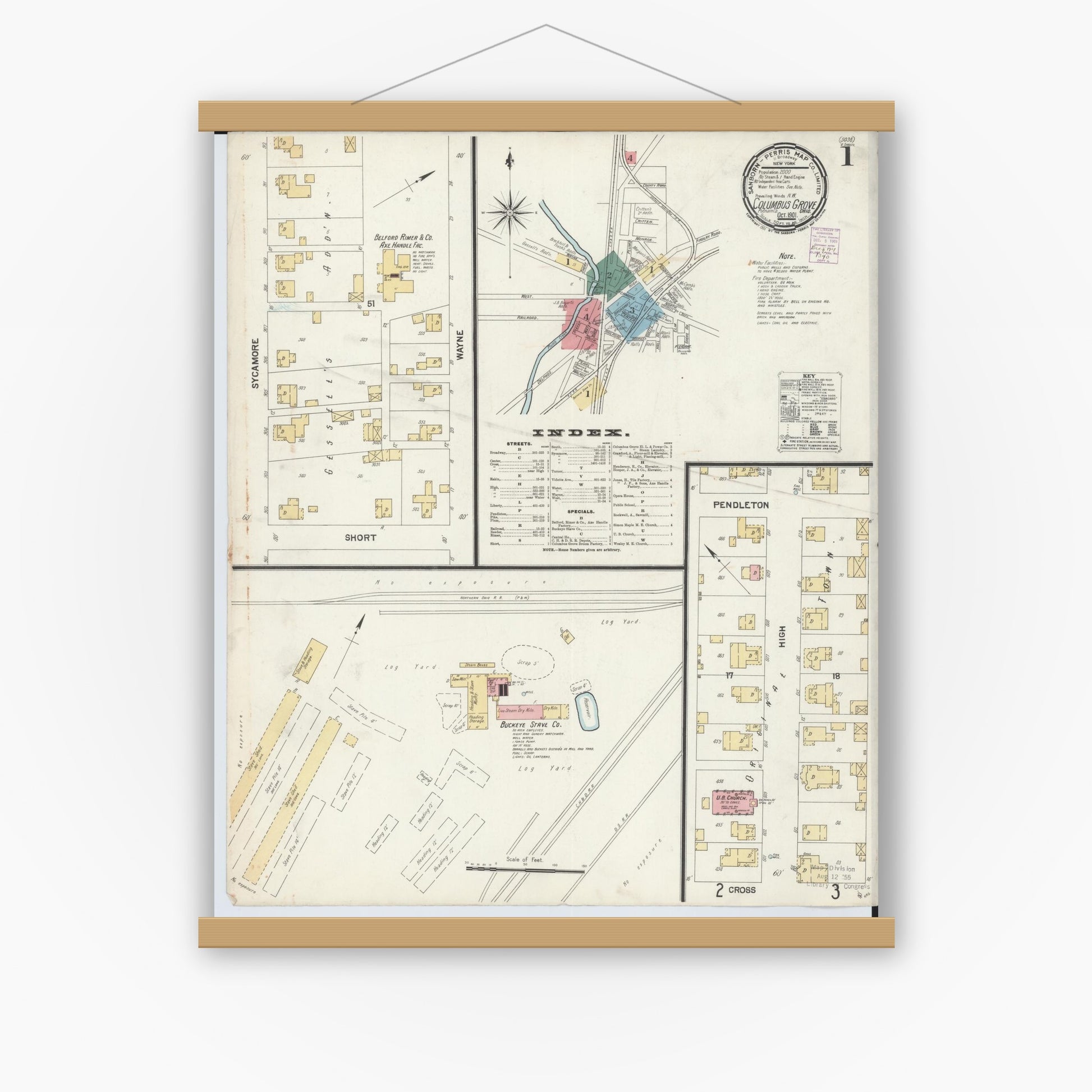 Old map wall art mockup — magnetic wood frame on white wall — Sanborn Fire Insurance Map from Columbus Grove, Putnam County, Ohio (1901), Sheet #0001