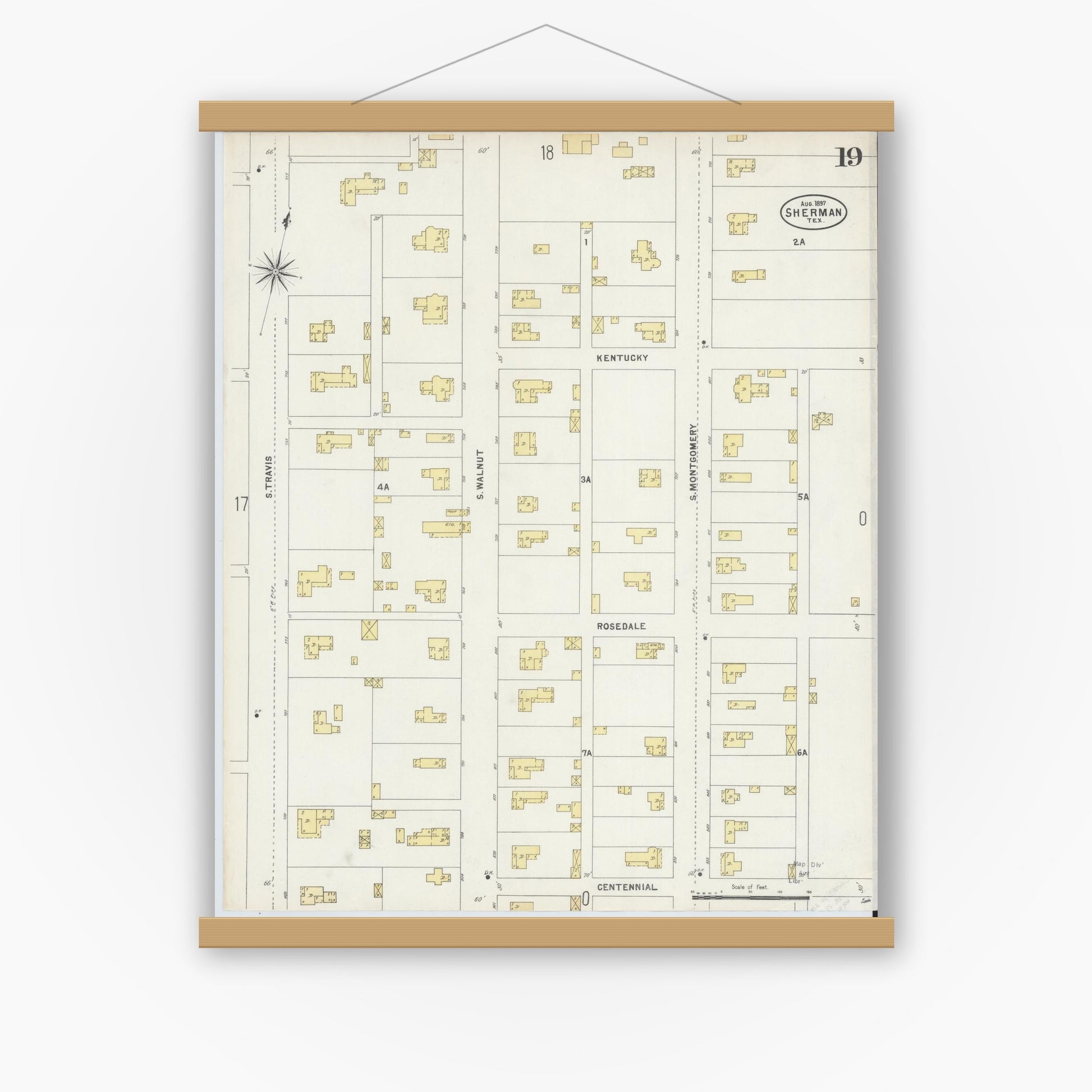 Old map wall art mockup — magnetic wood frame on white wall — Sanborn Fire Insurance Map from Sherman, Grayson County, Texas (1897), Sheet #0019