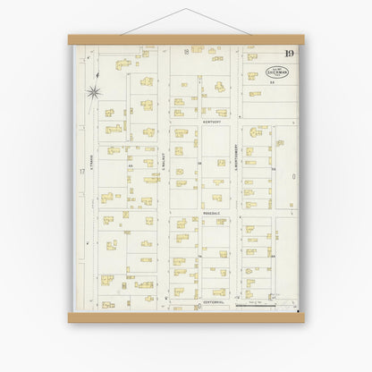 Old map wall art mockup — magnetic wood frame on white wall — Sanborn Fire Insurance Map from Sherman, Grayson County, Texas (1897), Sheet #0019