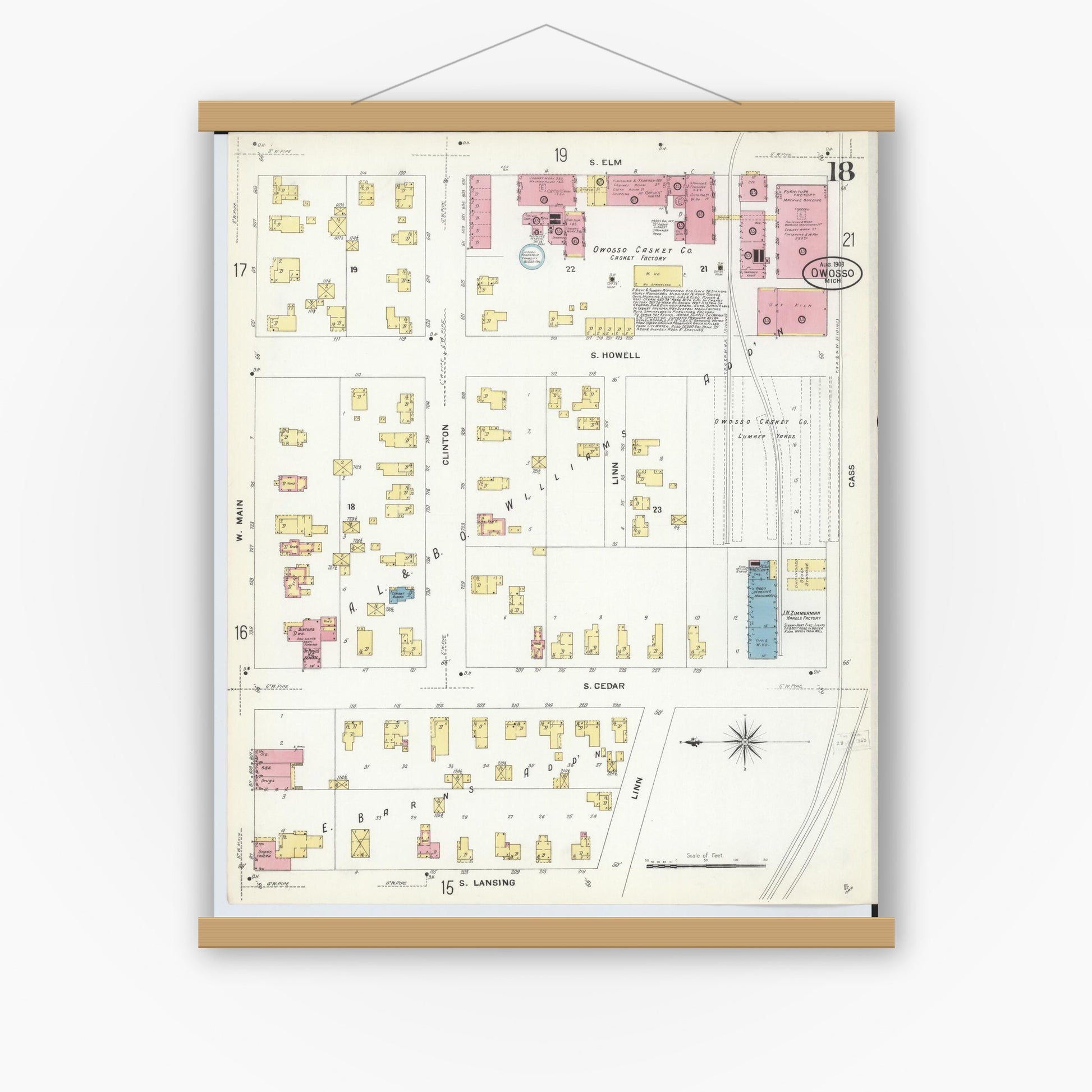Old map wall art mockup — magnetic wood frame on white wall — Sanborn Fire Insurance Map from Owosso, Shiawassee County, Michigan (1908), Sheet #0018