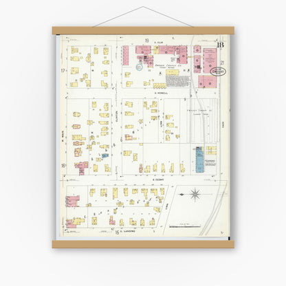 Old map wall art mockup — magnetic wood frame on white wall — Sanborn Fire Insurance Map from Owosso, Shiawassee County, Michigan (1908), Sheet #0018